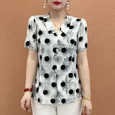 Women's Spring and Summer Big Yards Short-sleeved Printed T-shirt Middle-aged and Elderly V-neck Loose Belly-shading Thin Blouse