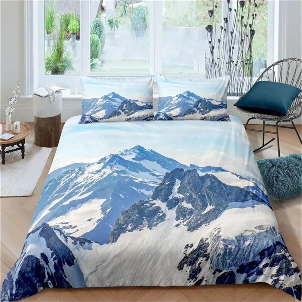 Snow Mountain Duvet Cover Set King Size Sea Waves Bedding Nature Scenery Polyester Quilt Cover Ocean Landscape 135X200cm-2pcs