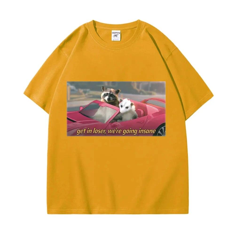 

Повседневная футболка из 100% хлопка Get In Loser We re Going Insane, футболка с принтом енота и опоссума, женские футболки унисекс с короткими рукавами 4XL