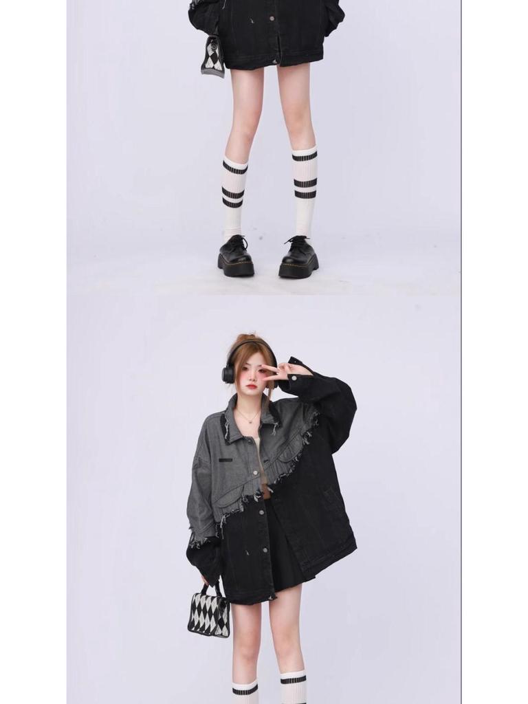Unisex Schwarze Denim Patchwork Jacke - Lässiger Retro-Stil für Frühling/Herbst 2026