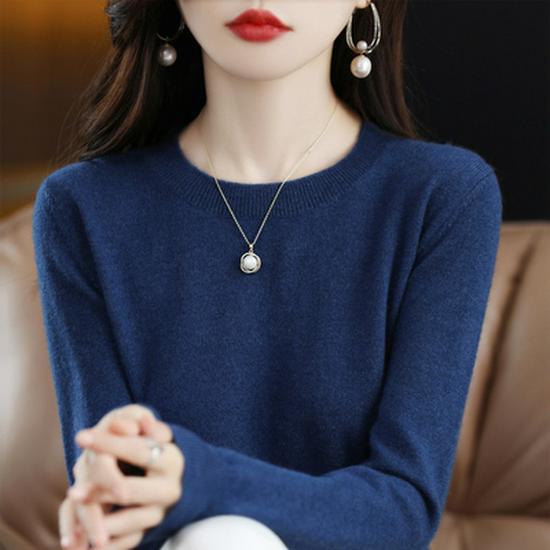 

Модный женский шерстяной свитер: Свободный крой, круглый вырез, идеально подходит для осени и зимы. M темно-синий