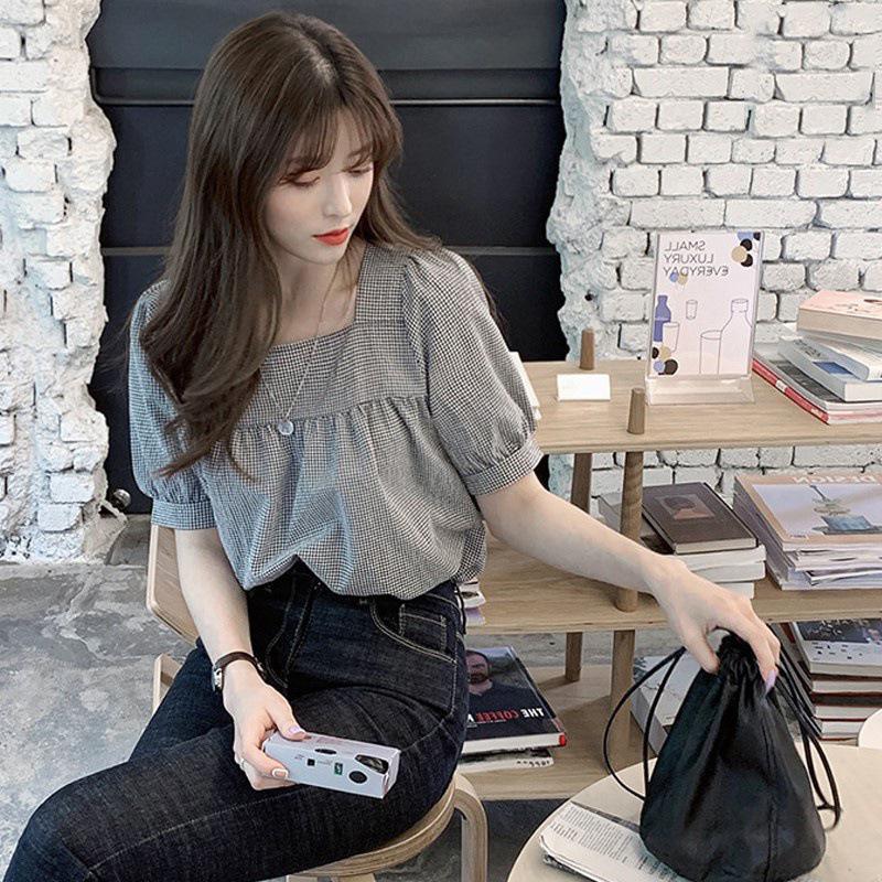 Hong Kong Style Puff Sleeve Plaid Shirt - Women's Summer Sweet Collarbone-Revealing Top