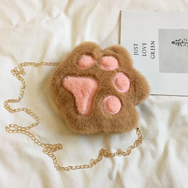 Cute Bear Paw Girls Chain Zipper Shoulder Bag Lovely Children's Soft Plush Coin Purse Baby Boys Accessories Small Crossbody Bags