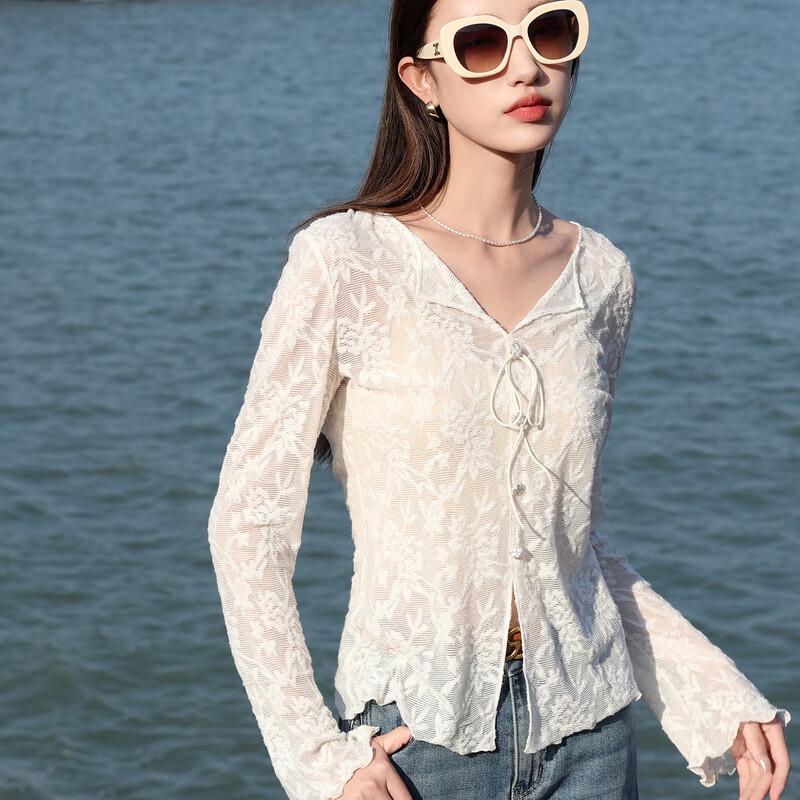 

Женский топ большого размера Sancai с V-образным вырезом, кружевными длинными рукавами 3XL