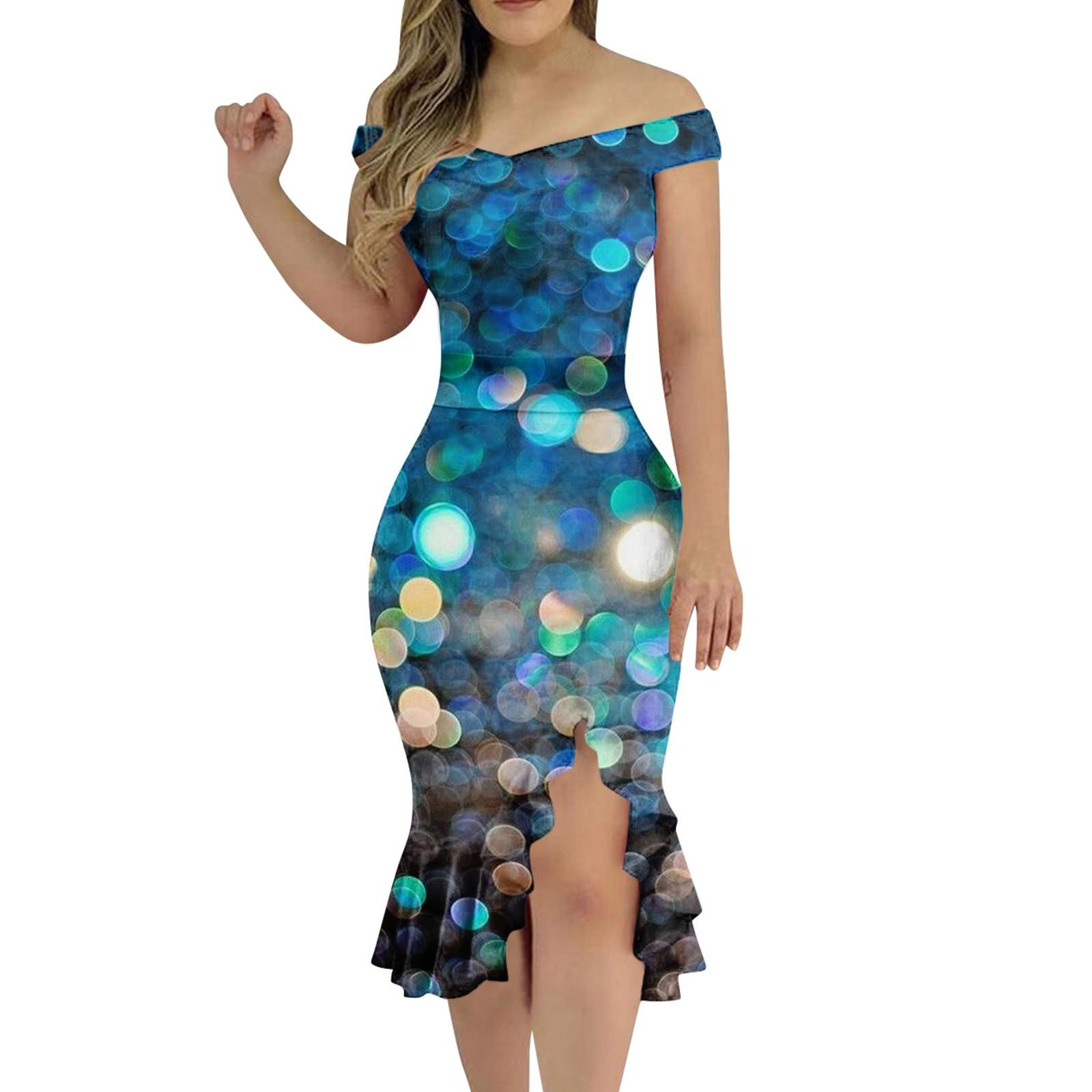 

Жіноча сексуальна сукня з відкритими плечима, вузька сукня з нерегулярним низом і принтом XXL синій