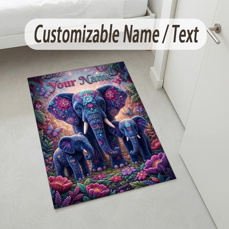 Elephant Theme Crystal Velvet Rug Personalized Custom Name Text Soft Floor Mat Home Decor