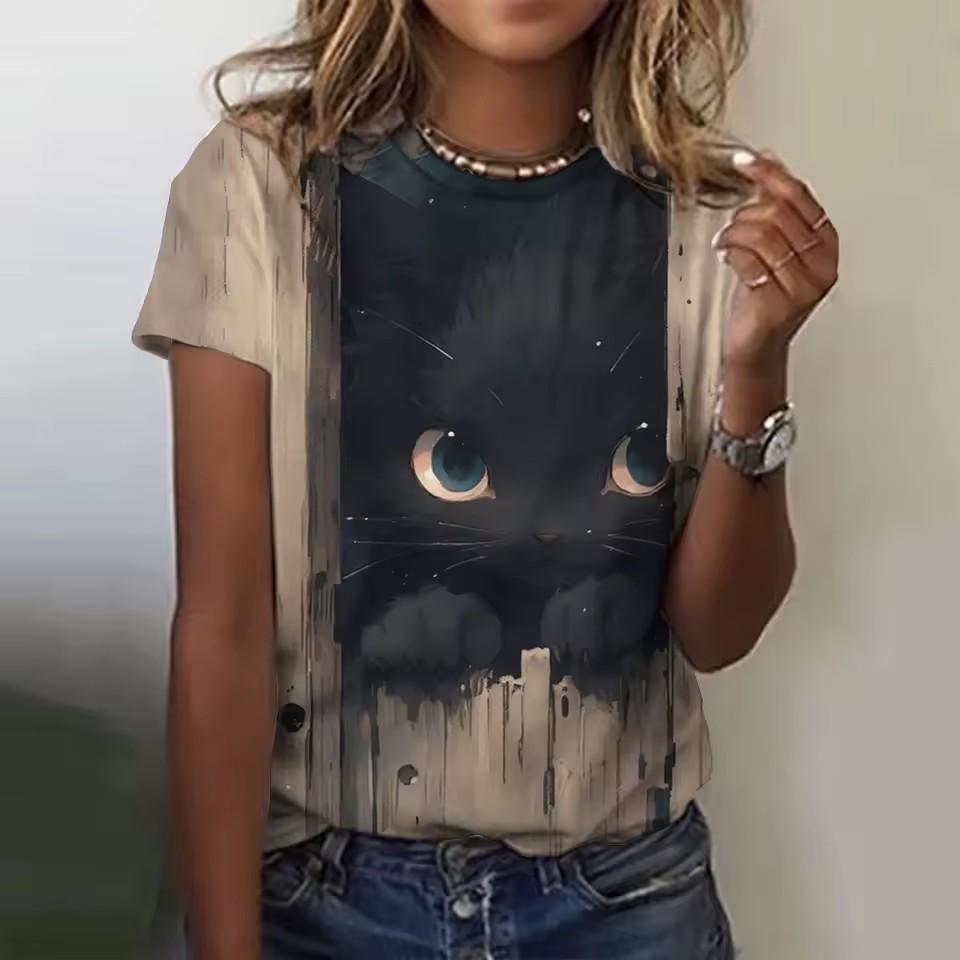 Summer Round Neck 3D Animal Cat Print Top Fashionable Casual Short Sleeved Women's T-shirts