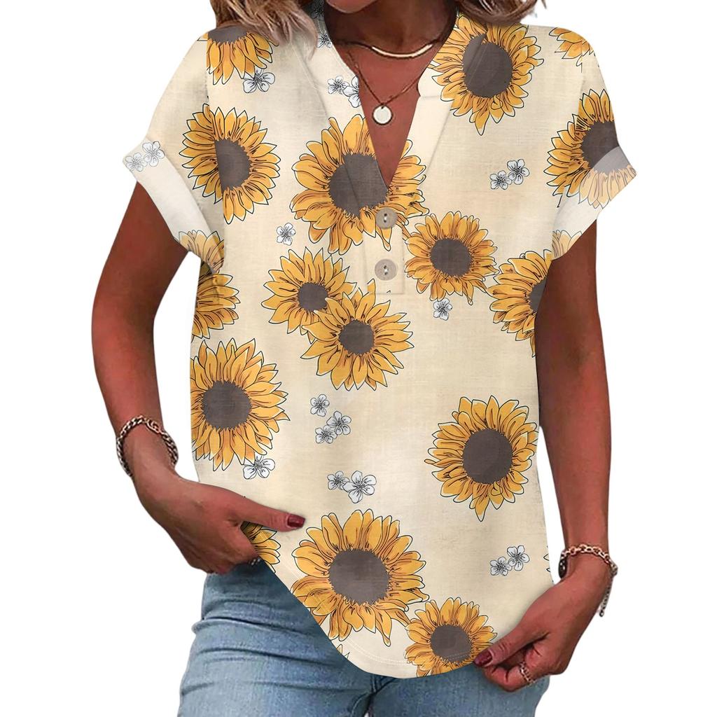 Damen Lässige Mode V-Ausschnitt Knopf Floraler Druck Kurzarm Top