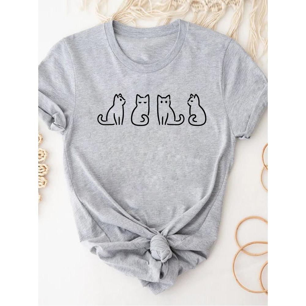 Print T Shirt Short Sleeve Summer Clothes Women Clothing Gray Owl Love Style Trend Cute Basic Tee Top Fashion Graphic T-shirt