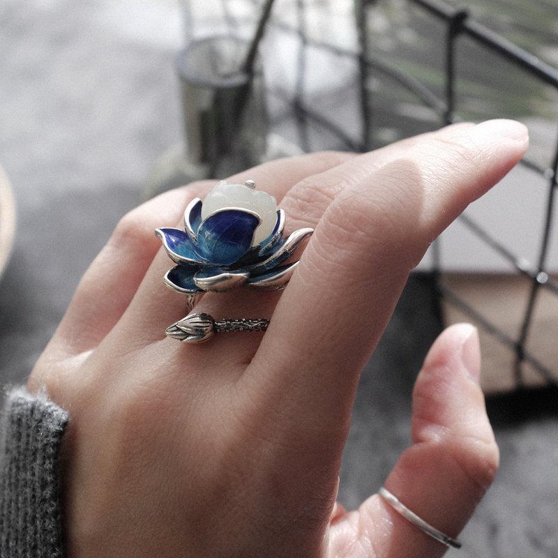 Natural Hetian  Jade Enamel Porcelain Lotus Canopy Open Ring Chinese Retro Designer Style Original Design  Jewelry