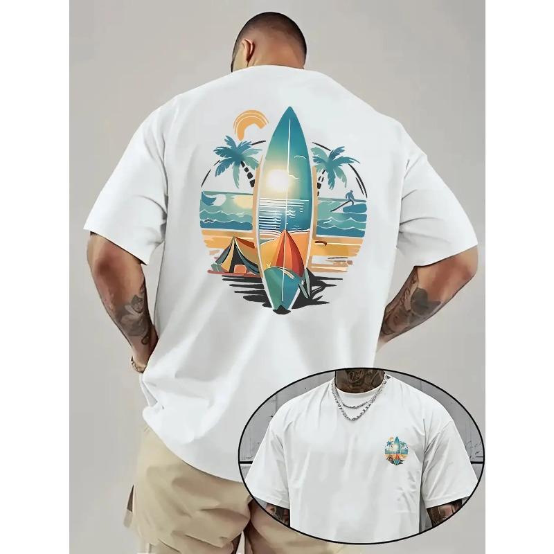 Men's Casual Loose Short Sleeve Surfboard Pattern Front and Back Print Design T-Shirt, Breathable Summer Crew Neck Shirt, Machine Washable, Ideal Gift