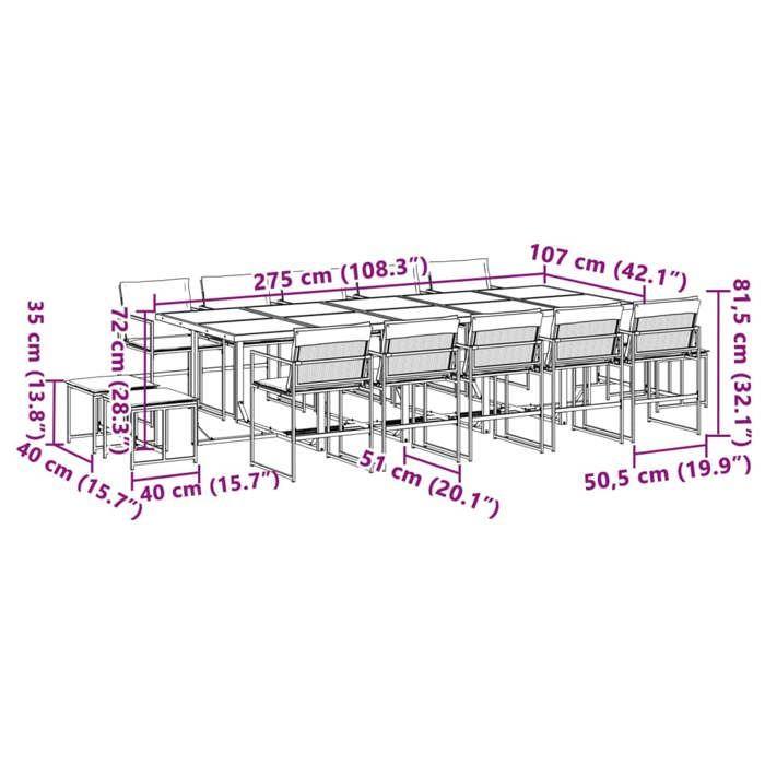 VidaXL Ensemble à manger de jardin avec coussins 15 pcs noir textilène, ensemble à manger d'extérieur, meuble à manger 3295086