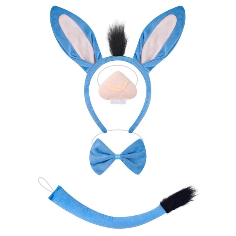 Donkey Ear Headband Tail Bowtie Skirt Nose with Teeth Halloween Donkey Animal Outfit Accessory for Kids Boy Girl Cosplay