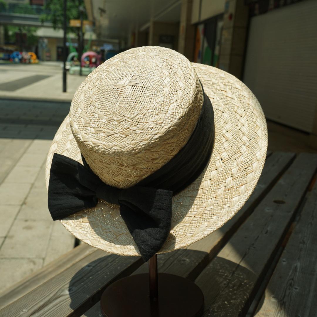 

Japanese French Retro Treasure Grass Woven Big Bow Flat Top Top Top Hat Women S Summer Vacation Beach Straw Hat Sun Protection M（56-58cm）