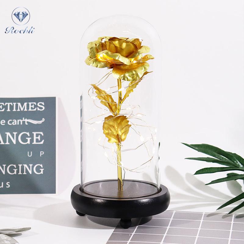 Gold Foil Rose Eternal Flower Glass Cover Gift for Valentine's Day, Christmas, New Year