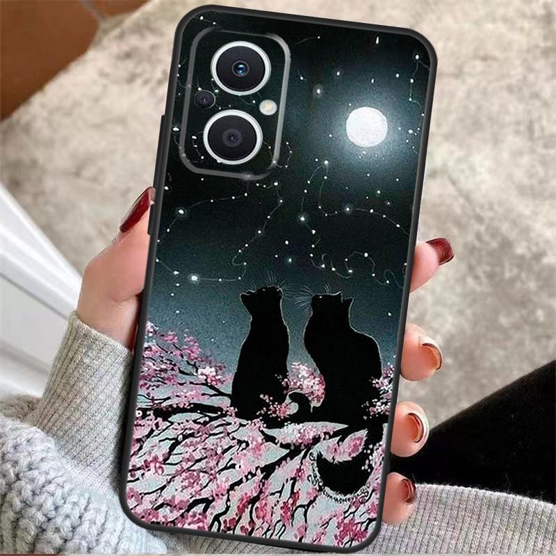 BLACK CUTE KITTY Case For OPPO Reno 8 7 Lite Reno 3 4 5 6 Lite 8T 4Z 5Z Find X5 X2 X3 Lite Neo X6 Pro Cover