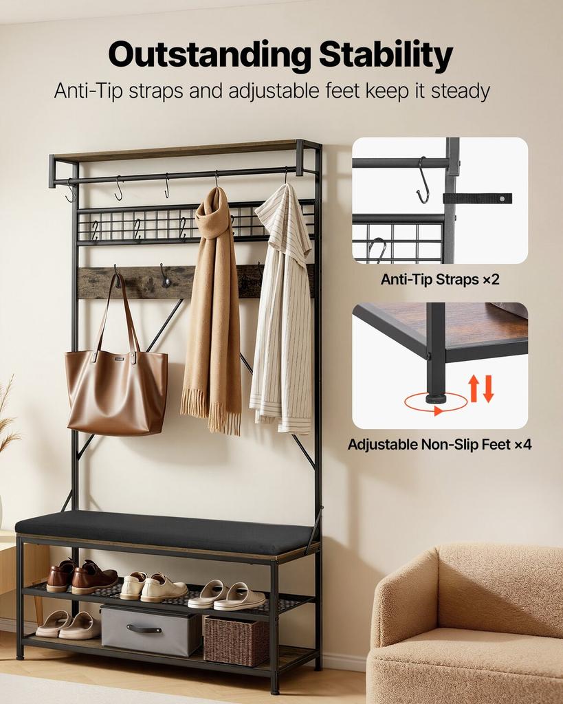 Hall Tree, 1830 mm Coat Rack with Shoe Bench, 2-Tier Freestanding Shoe Rack Storage Organizer with Hooks, Hanging Rod and Wire Shelf, Steel Frame