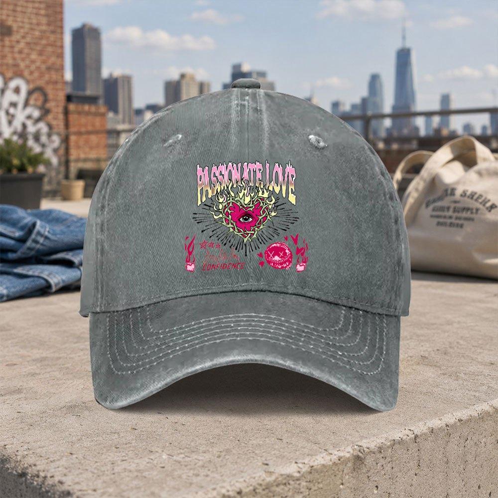 Vintage Flame Heart Baseball Cap Unisex Washed Curved Brim Hat With Flame Print Hook Loop Closure