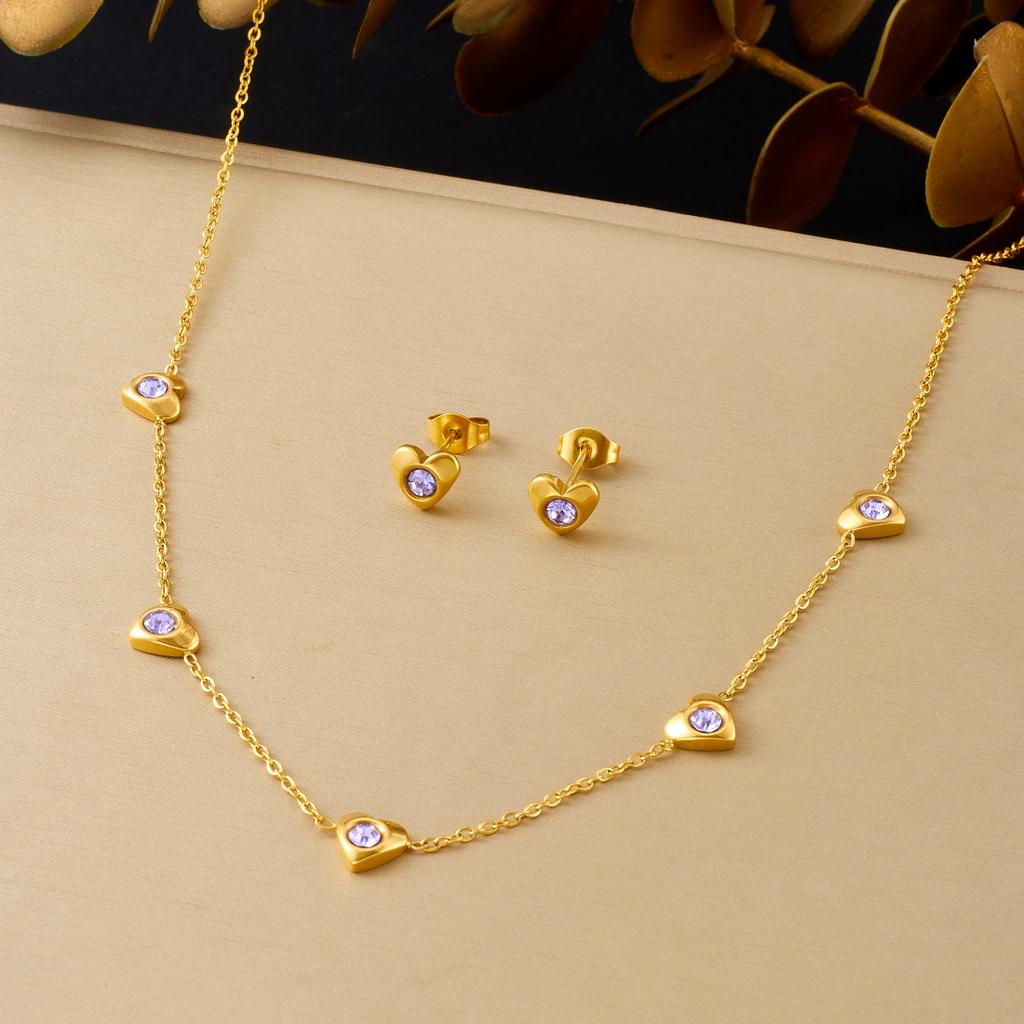 DIEYURO 316L Stainless Steel Golden Heart Inlay Round Purple Zircon Necklace Earrings Bracelet Set Lady Trend Luxury Jewelry