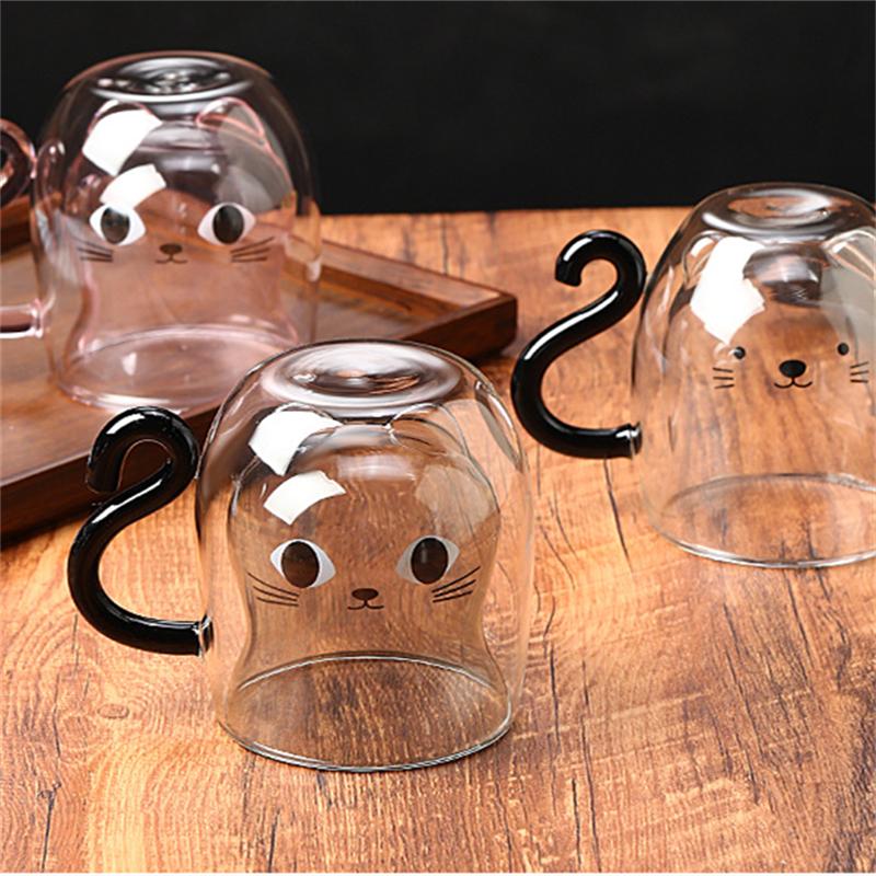 Creative Cute Cat Double-layer Coffee Mug Cartoon Couple Teacup Insulated Glass Mugs With Handle Household Office Drinkware
