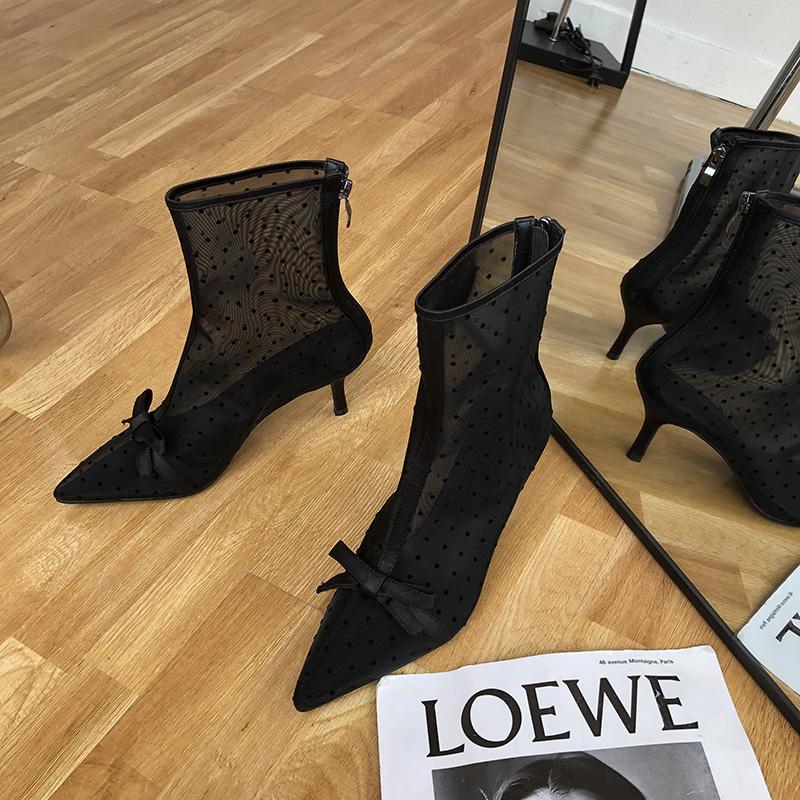 

мода Модные женские ботильоны с острым носком Короткие ботинки с острым носком Дизайн с бантом Тонкие низкие каблуки Молния сзади Модные ботинки Ботинки с воздушной сеткой 5.5 чёрный