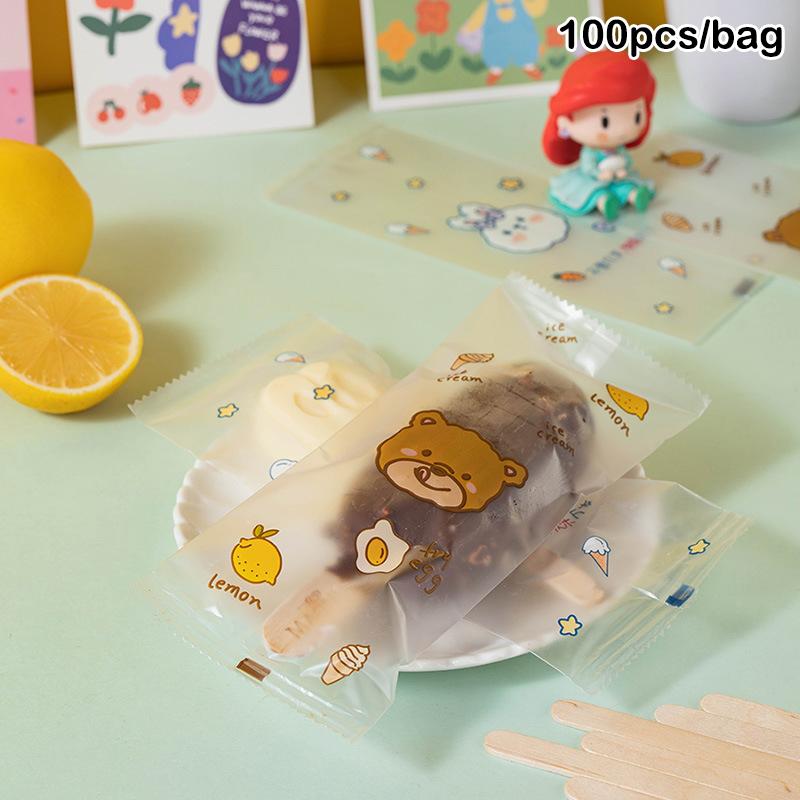 100Pcs Ice Cream Bag Ice Cream Wooden Stick Plastic Machine Sealing Bag Homemade Transparent Popsicle Bag