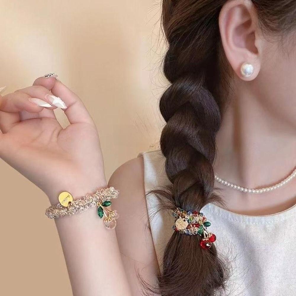 Sweet Cherry Hair Rope High Elastic Hair Accessories Band Rhinestone Hair Ring for Women and Girls