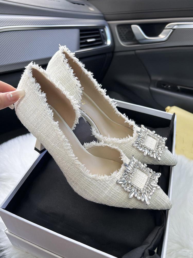 White Design Rhinestones Women Pumps Spring Fashion Pointed Toe Female Shallow High Heel Elegant Women's Work Dress Shoes