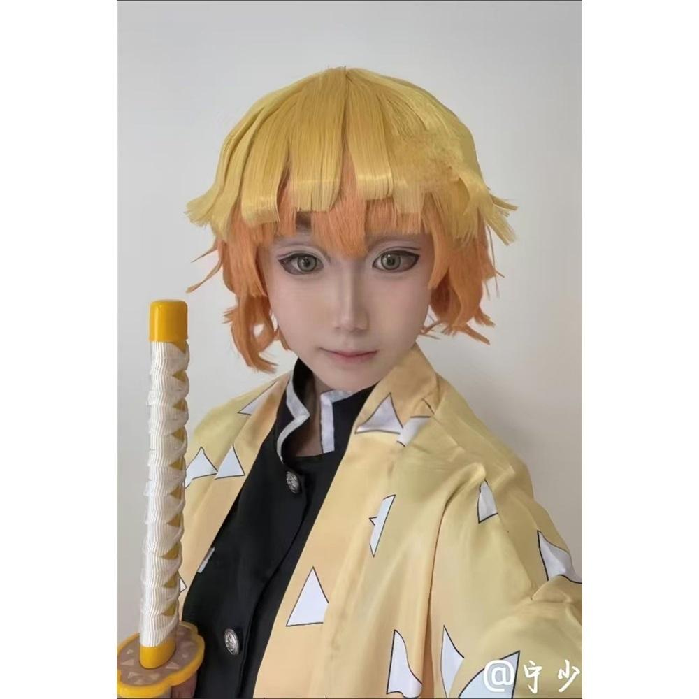 Agatsuma Zenitsu Cosplay Costume Wig Haori Embroidery Top Elastic Pants Belt Rose Net Cos Halloween Christmas Gift