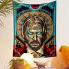Fiery-eyed figure with a halo of bullets, guns, and rose accents. Patterned tapestry for bedroom and living room home decor