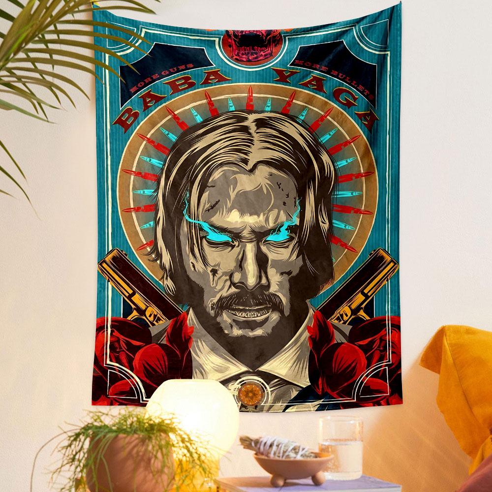 Fiery-eyed figure with a halo of bullets, guns, and rose accents. Patterned tapestry for bedroom and living room home decor