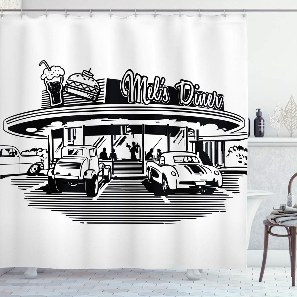 Vintage Car Shower Curtain,Nostalgic Car Garage Service And Repair Store Phrase Dated Faded Waterproof Fabric Bathroom Curtain