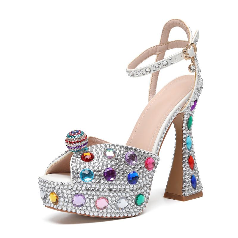 Luksusowe Kolorowe Cyrkonie Damskie Sandały Gladiatora Seksowne Paski na Kostkę Platformy Koturny Wysokie Obcasy Letnie Buty na Imprezę Prom
