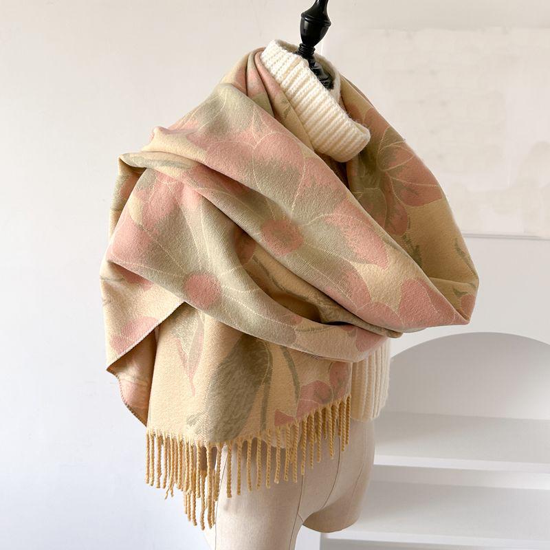 Elegant Women's Double-Sided Cashmere-Feel Scarf Shawl for Autumn & Winter - Thick, Warm, Dual-Use Neck Protection.