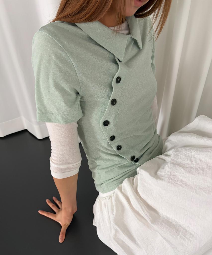 CHICKS Stand Collar Asymmetrical Shirt Mint