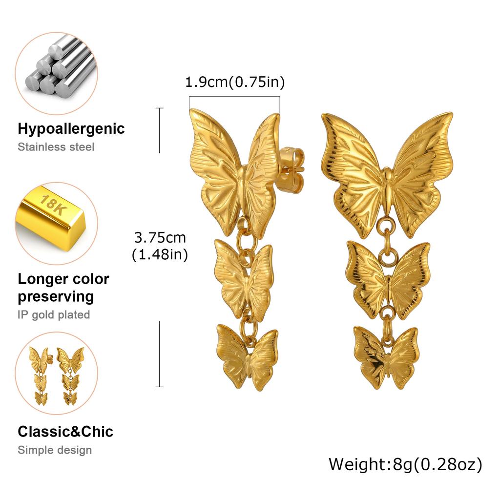 Unique Stainless Steel Three Drop Butterfly Earrings for Women Gold Plated Butterfly Stud Earrings Fashion Jewelry Gifts