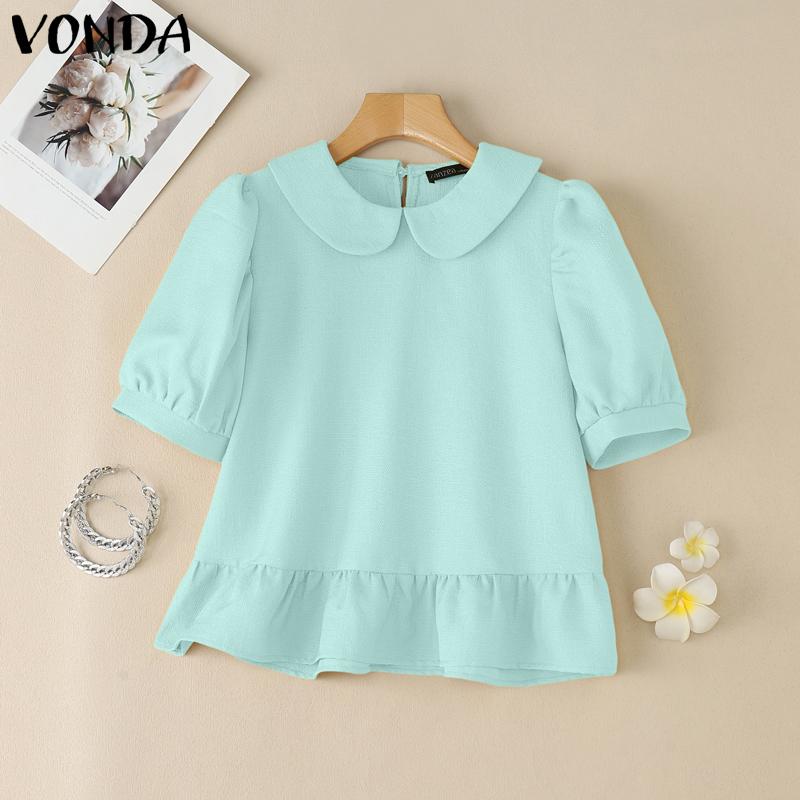 

VONDA Летняя женская блузка с короткими рукавами-буфами, текстурная, с оборками по низу, повседневная, однотонная S