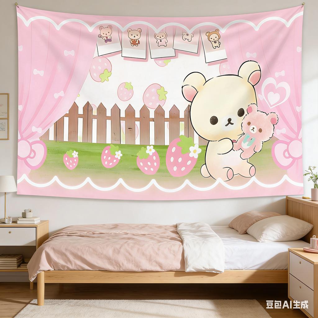 1pc Kawaii Strawberry Bear Tapestry 2D Polyester Flat Print Cute Pink Bear with Strawberry Wall Hanging Decor for Bedroom Living