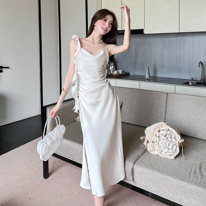 

Silk Satin Draped Collar Camisole Dress with Embroidered Flowers Medium