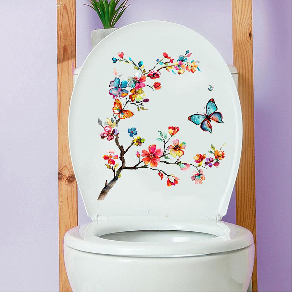 Flower Wall Stickers, Self-adhesive Butterfly Toilet Sticker Peel And Stick, Floral Leaf Decor Art DIY Wall Decals Wallpaper Supplies For Refrigerator