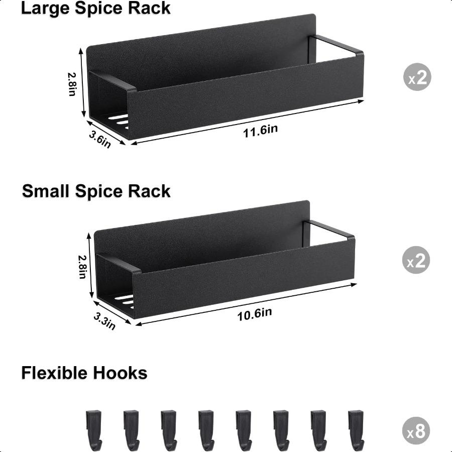 Magnetic Spice Rack for Refrigerator Fridge Organizer for Kitchen Organization and Storage 4 Pack Black Metal Shelf with 8 Move