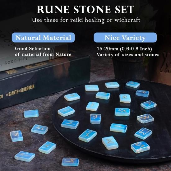 Crocon Opalite Rectangle Rune Set | 25pcs | Elder Futhark Alphabet Engraved | With Pouch | 20-25mm