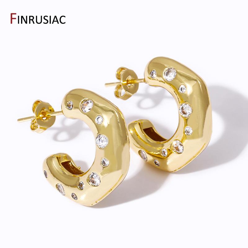 

New Trendy Colorful Zircon C-Shape Stud Earrings For Women Brass Open Ear Stud Party Jewelry Accessories 1 pair