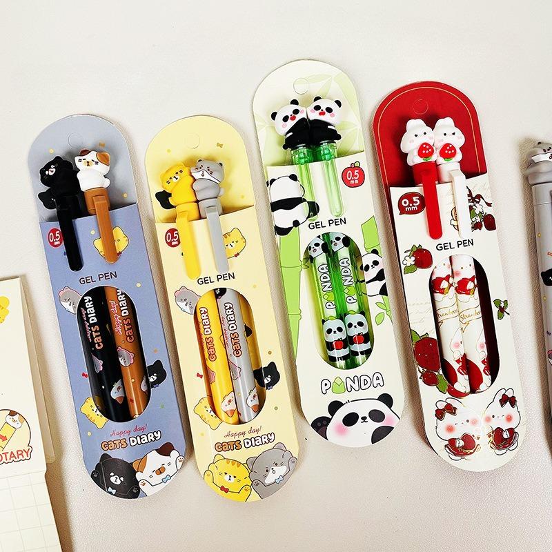 2 ks/sada Kawaii Králíček Jahoda Sada per Estetická Gelová pera s tlačítkovým mechanismem 0,5 mm Černý inkoust Roztomilé Studentské potřeby Hladké psaní