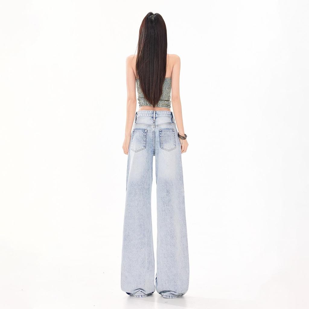 Women's Retro Sky Blue High-Waist Jeans, 2026 Spring/Summer Collection - Loose, Slimming, Floor-Length, Straight-Leg Versatile Pants