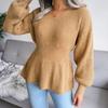 Women's Autumn/winter Lantern Sleeve Tucked Waist Hem Ruffled Knit Sweater