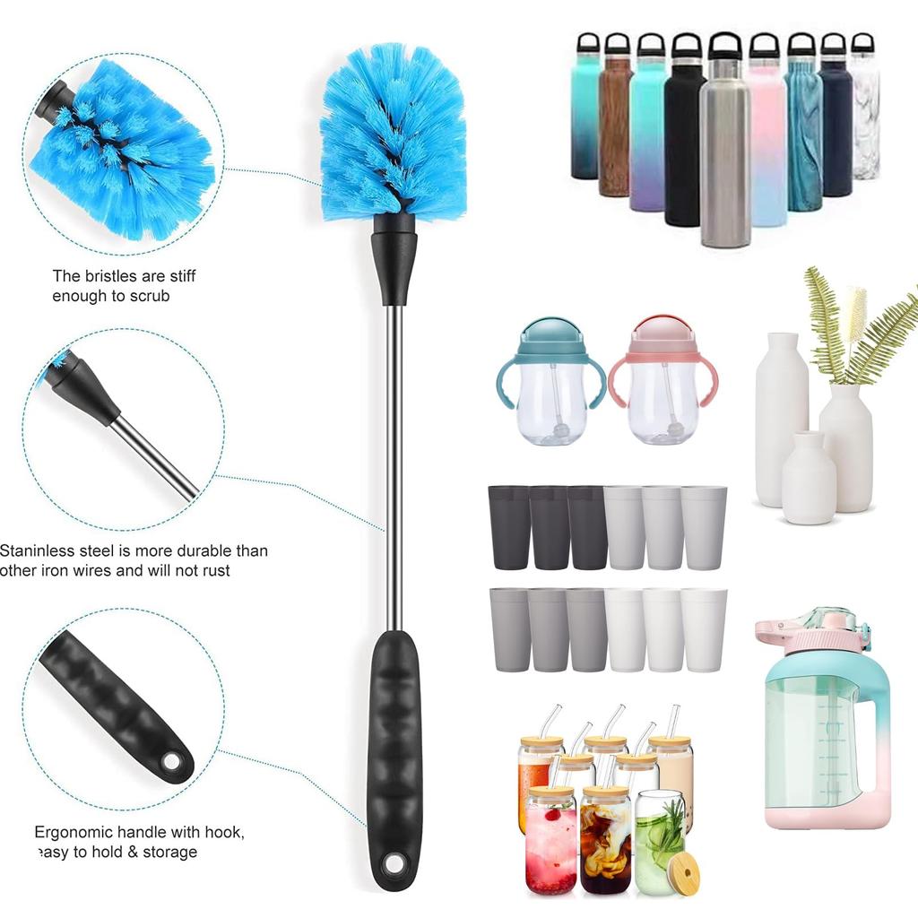 Facjoleco 3 Pack Bottle Scrubbing Brush Cleaning Stainless Steel Multifunction Long Handle Bottle Cleaner for Coffee Thin Straw Cleaning Food Cup Cap