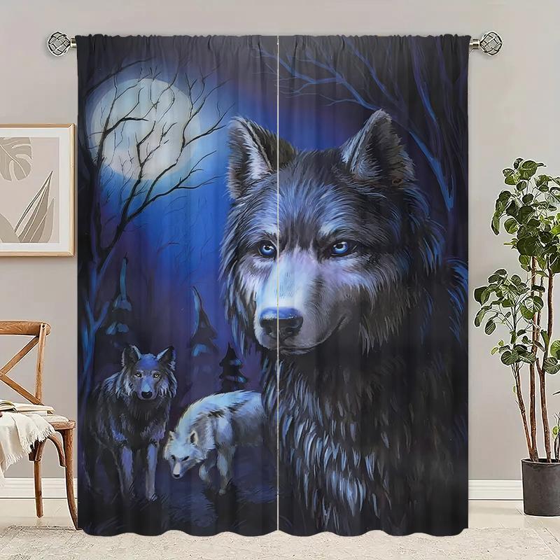 2pcs- Round Moon Grey Wolf Polyester curtains, bathroom, bedroom, living room, and home room decorative curtains
