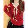 Bow Lace-up V-neck Twist Knitted Sweater Pullover Christmas Red Sweater Women's Autumn Bottoming Top