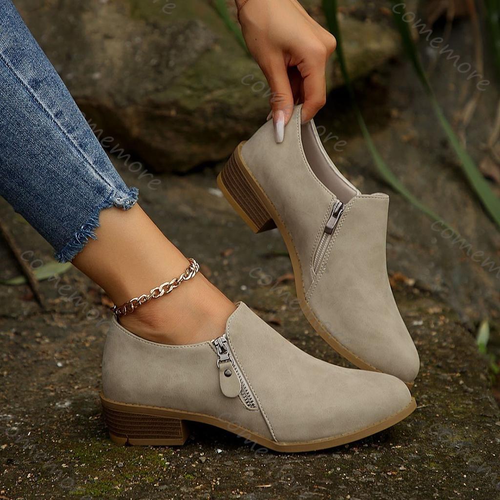 Comemore Retro British Style Ankle Boots for Women Spring Autumn New Round Head Thick Heeled Women's Shoes Casual Short Botas